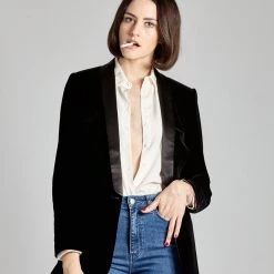 L'école Des Femmes Black Serge Velvet Smoking Jacket Coats & Jackets