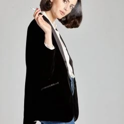 L'école Des Femmes Black Serge Velvet Smoking Jacket Coats & Jackets